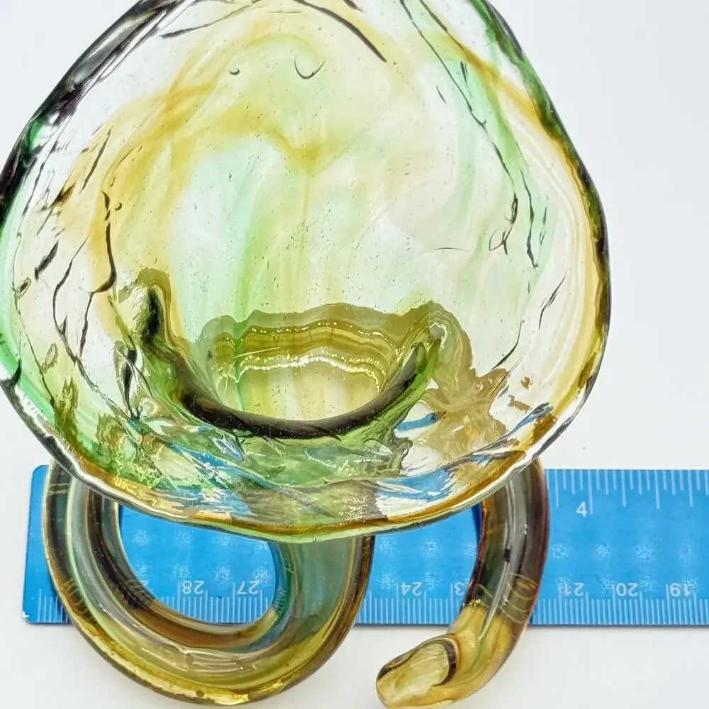 Murano-Style Hand-Blown Green Amber Swirl Art Glass Coiled Base Lilly Vase VTG